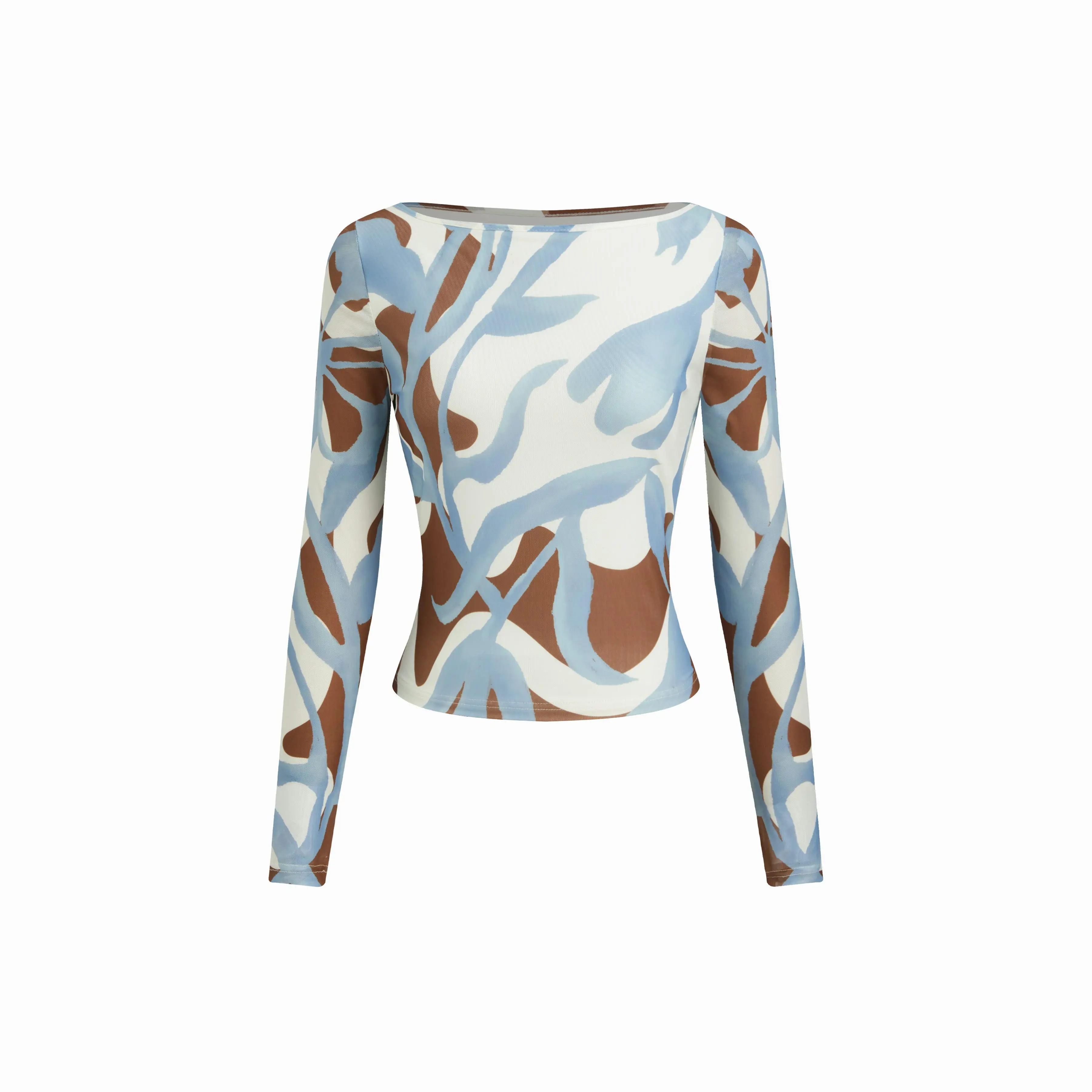 Cider Mesh Abstract Striped Boat Neck Long Sleeve Top SummerFinds