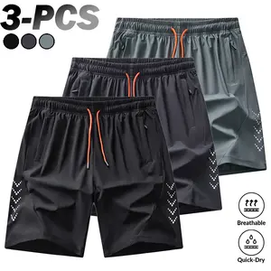 Men's Technical Athletic Shorts (3-Pack), 75% Nylon 25% Spandex High-Stretch Ice Silk Fabric, Reflective Downward Arrows (Both Sides), Breathable, Sweat-Wicking, Non-Cling Fit, Zippered Pockets, Drawstring Waistband, Technical Men's Shorts