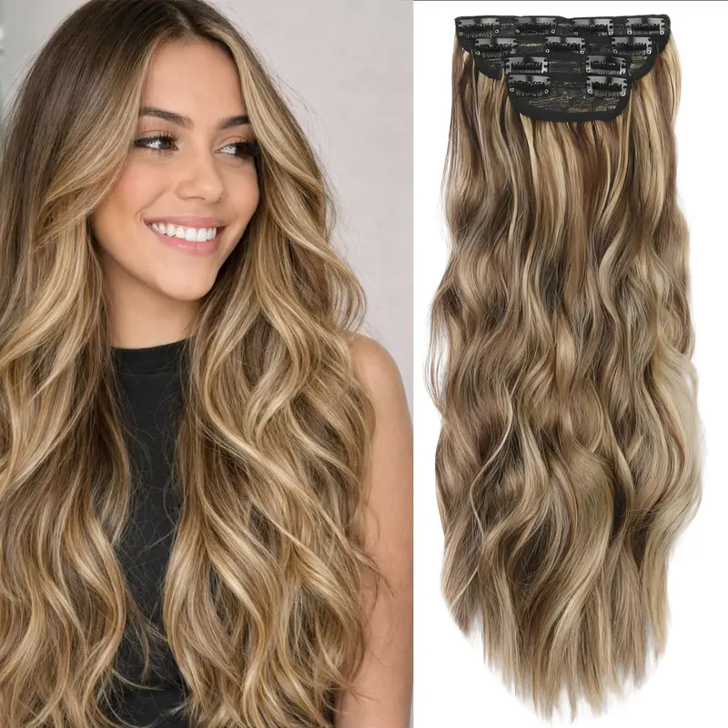 Clip in Synthetic Hair Extensions Long Wavy 4PCS Thick Synthetic Hairpieces Blonde Highlighted Medium Brown Fiber Double Weft Natural Hair Extensions 20 Inch for Women Daily Party Full Head natural hairpiece