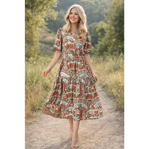 Gigio Bubble Sleeve Midi Dress with Waist Tie - White Multi