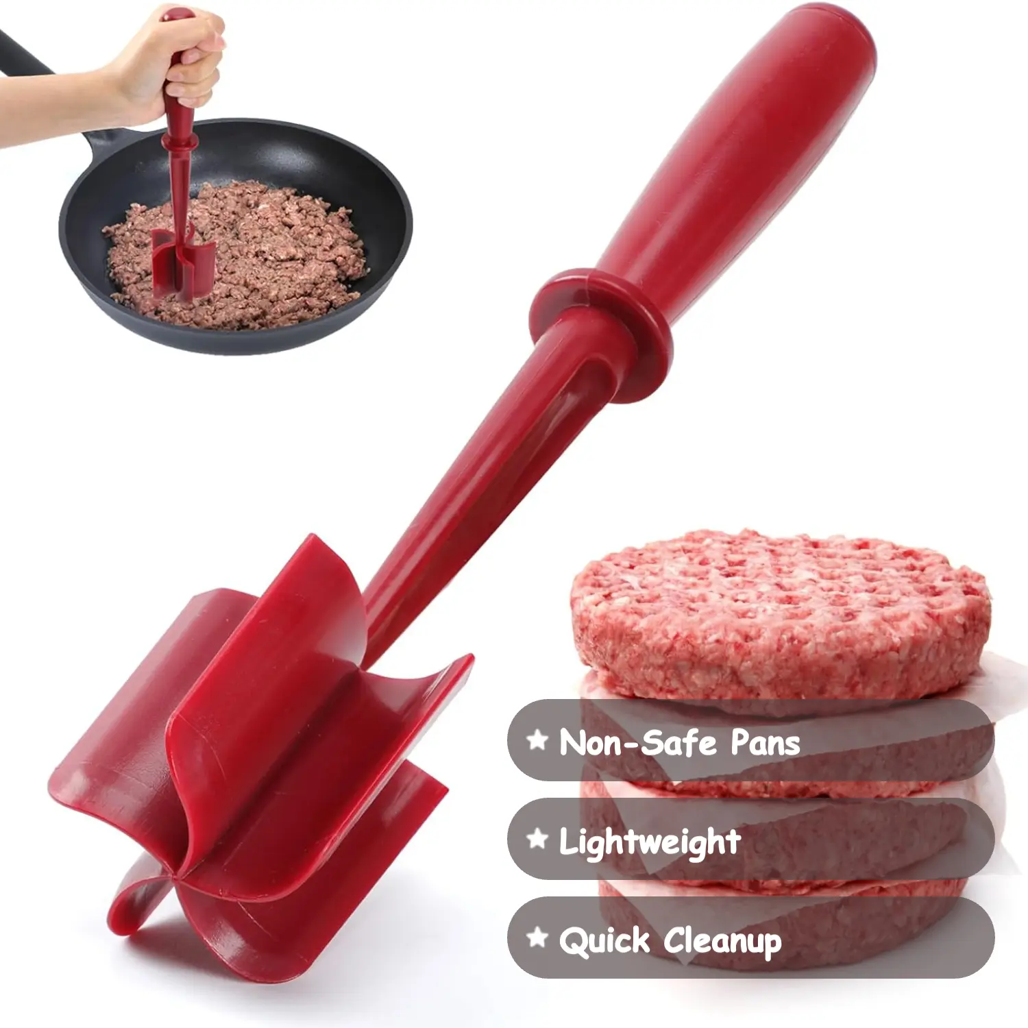 5-Blade Nylon Food Chopper Utensil for Kids, Red, Non-Scratch, Heat-Resistant, PanSafe, CookSmart, Ultra-Lightweight, Unisex Kitchen Utensil for Ground Beef, Omelets, Dishwasher-Safe, Easy-to-Use, Quick Cleanup, Utensils