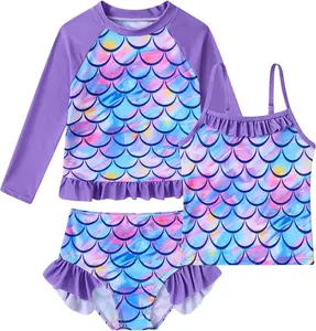 Girls Swimsuit 3 Pieces Rash Guard Kids Long Sleeves Bathing Suit 3-8 Years Sun Proction Swimwear TankiniGift.