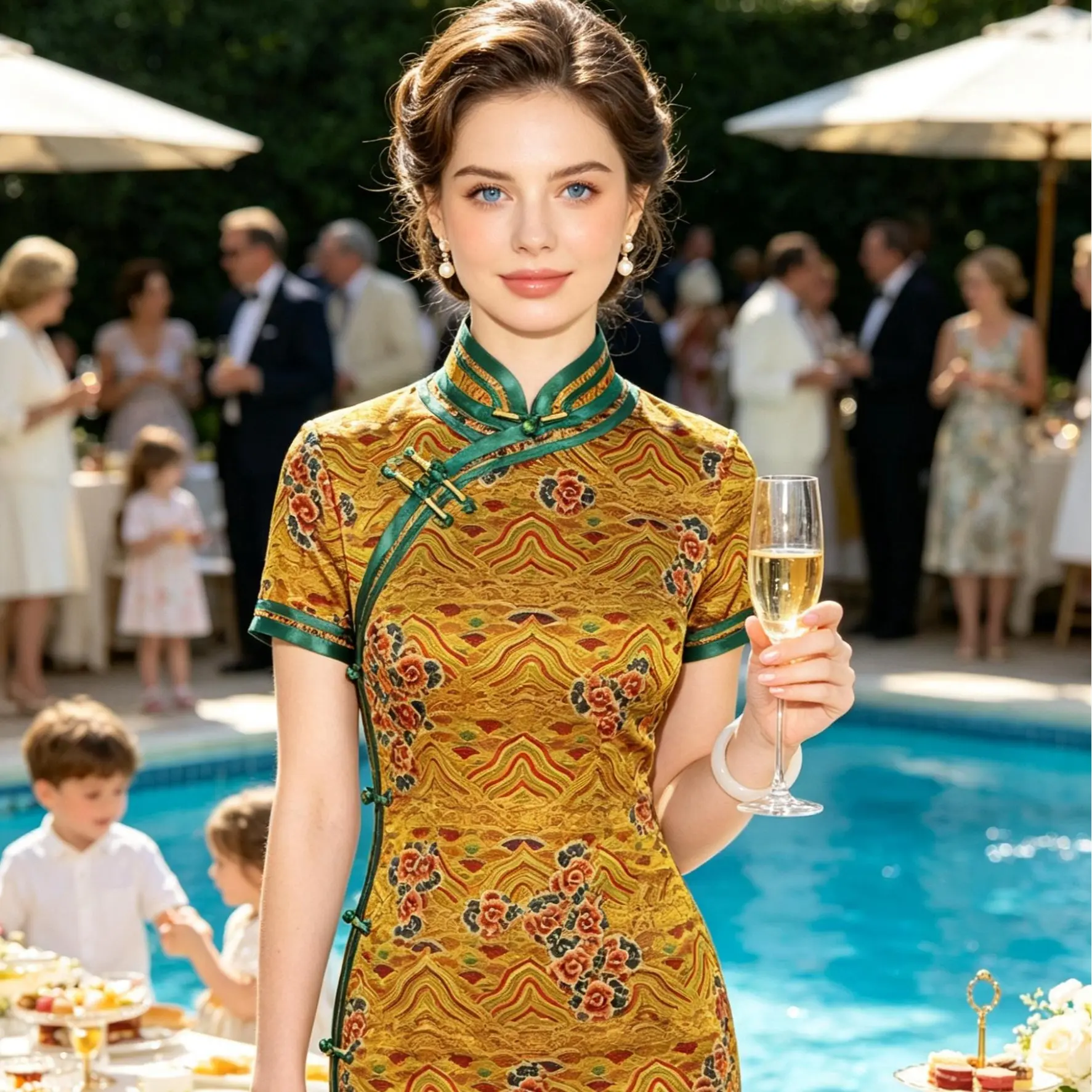 Teal Blue Gold Brocade Qipao/Cheongsam Dress | Unique Wave Floral Jacquard with Piped Sleeves Luxury Teal Brocade Cheongsam - Unique Pattern Qipao for Pool Parties & Events Elegant Teal Jacquard Qipao/Cheongsam - Piped Short Sleeve Formal Midi Dress