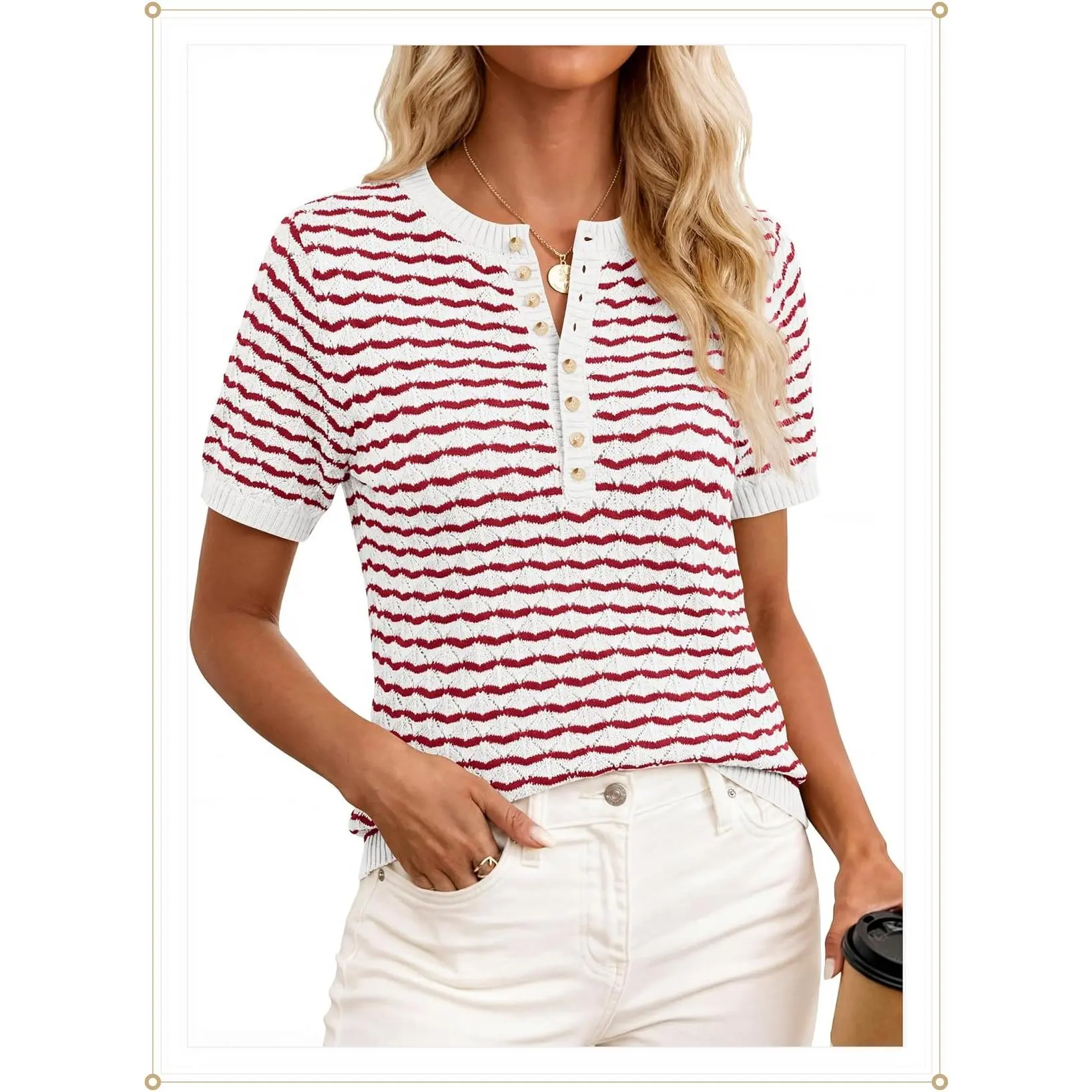 PRETTYGARDEN Womens Knit Summer Tops Button Short Sleeve Sweater Casual Crewneck Chevron Henley Shirts Dressy Work BlousesGift