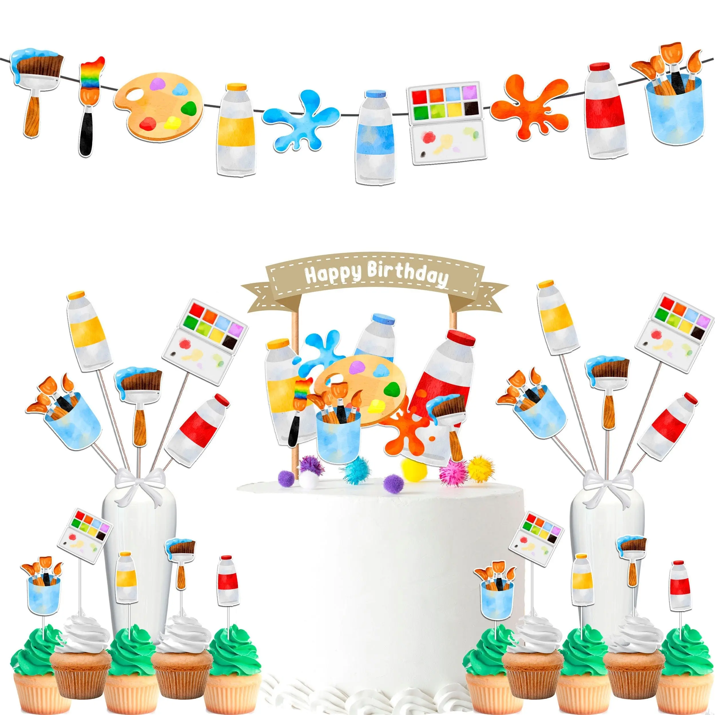 Creative Artist Birthday Party Decor Set - Vibrant Cake Topper, Cupcake Toppers, Centerpieces, & Banner - Perfect for Art-Themed Celebrations