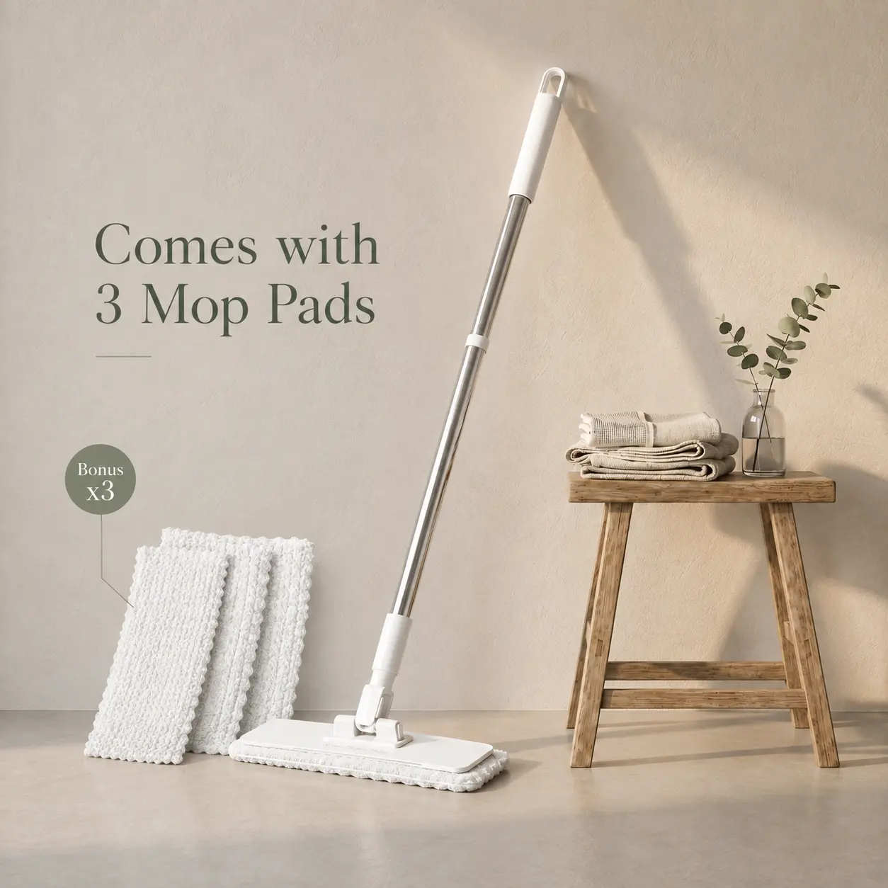 POHIR Reusable Clamp Mop with 3‑Pcs Mop Cloths, 48 Inch Adjustable Handle, Eco‑Friendly Flat Floor Cleaning Mop, Works with Towels Wet Wipes, No Refills Needed for Household Cleaning