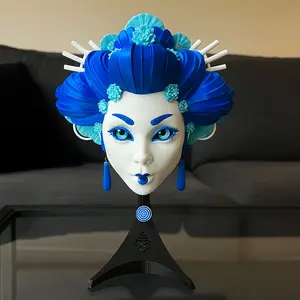 3BC Creations Blue Geisha Fan Art Bust Sculpture 3D Printed Collectible Figurine with Stand or Wall Mount Display Decor Ornaments Made in USA