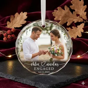 Personalized Couple Photo Ornament – Custom Names & Date Glass Bauble, Wedding or Engagement Gift