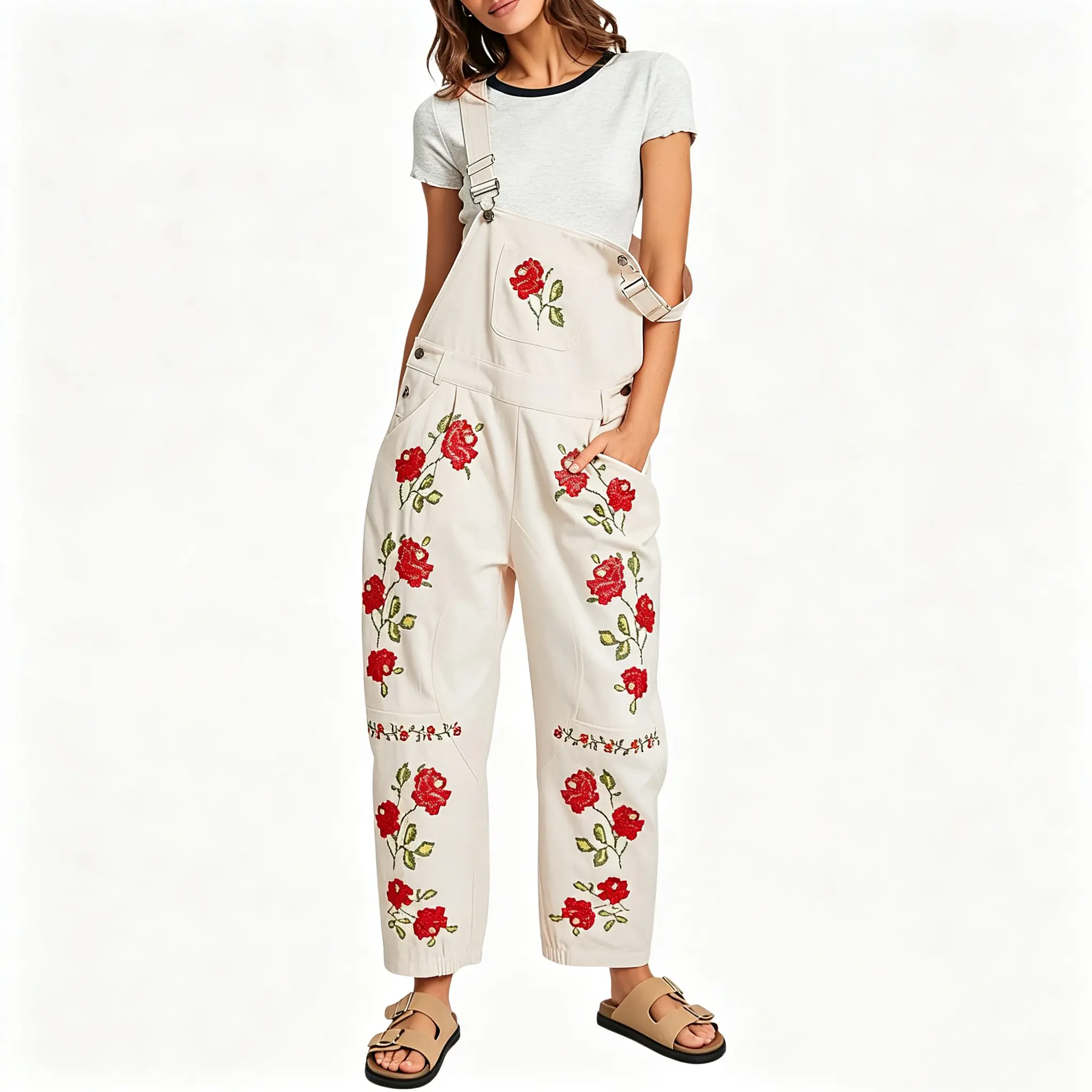 Kedera Women's Floral Embroidered Denim Overalls - Everyday Loose-Fit Bib Jumpsuit with Barrel Pants, Pockets, Breathable Fabric, Cute