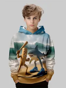 Boys' Fun Beach Duel Graphic Team Hoodie, Shark Baseball Bat Human Design, Casual Fitted Sweatshirt, All over Print, Fall & Winter Wear