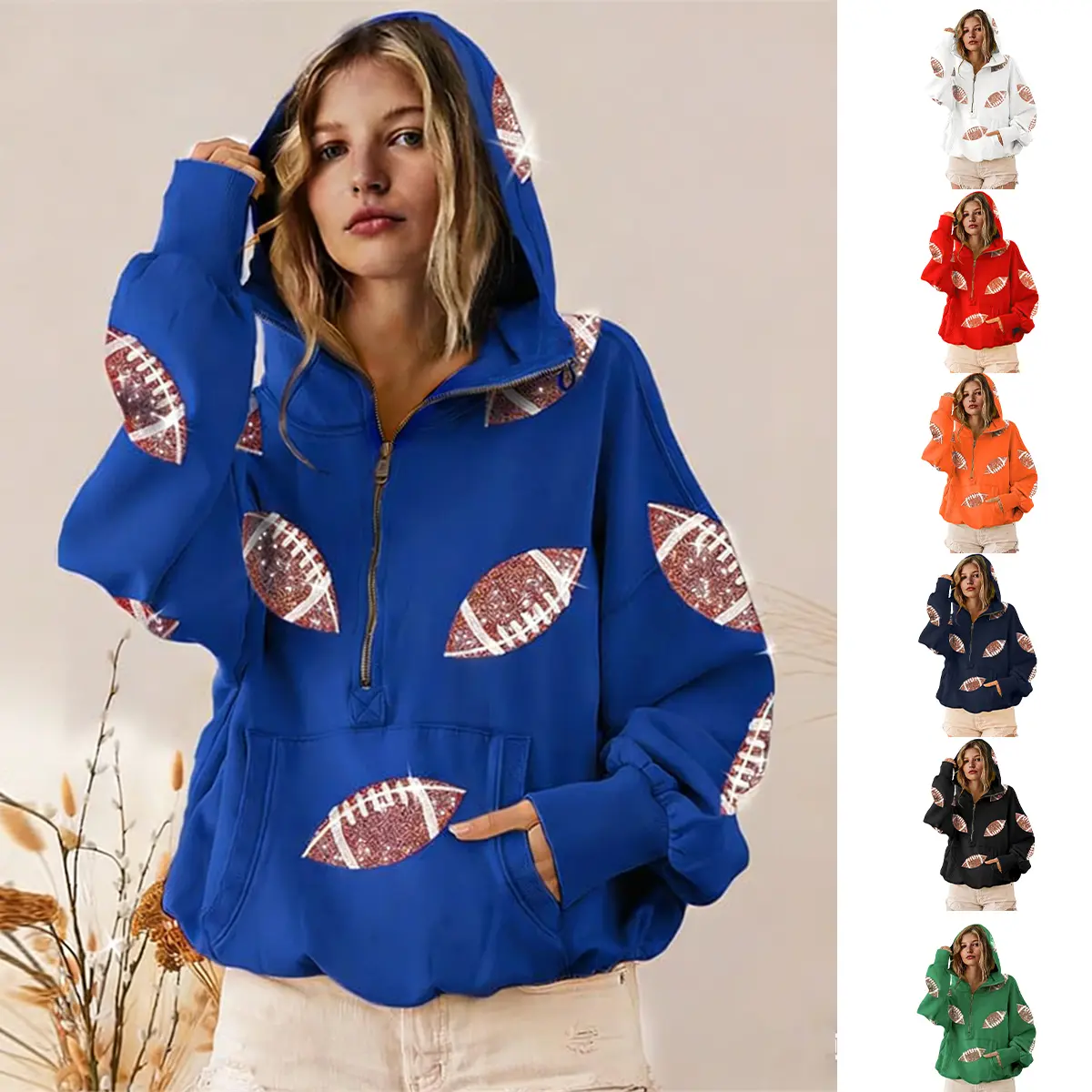 WoodBerry Women's Game Day Sequin Casual Hoodie Jacket - Long-Sleeve Oversized Half-Zip Pullover, Football Print Collared Top with Kangaroo Pocket, Adjustable Drawstring Hood