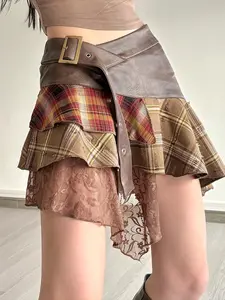 Women's Summer Plaid Patchwork Mini Skirt, Y2K Grunge Rock Lace Hem Asymmetrical Dress, Western Style High Waist PU Leather Short Skirt