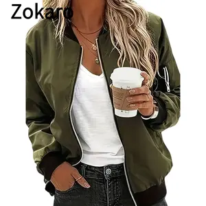 Olive Green Bomber Jacket for Women - Casual Zip-Up Outerwear with Pockets, Long Sleeve, Stand Collar for Spring & Summer Style, Perfect for Everyday Looks & Trendy Outfits