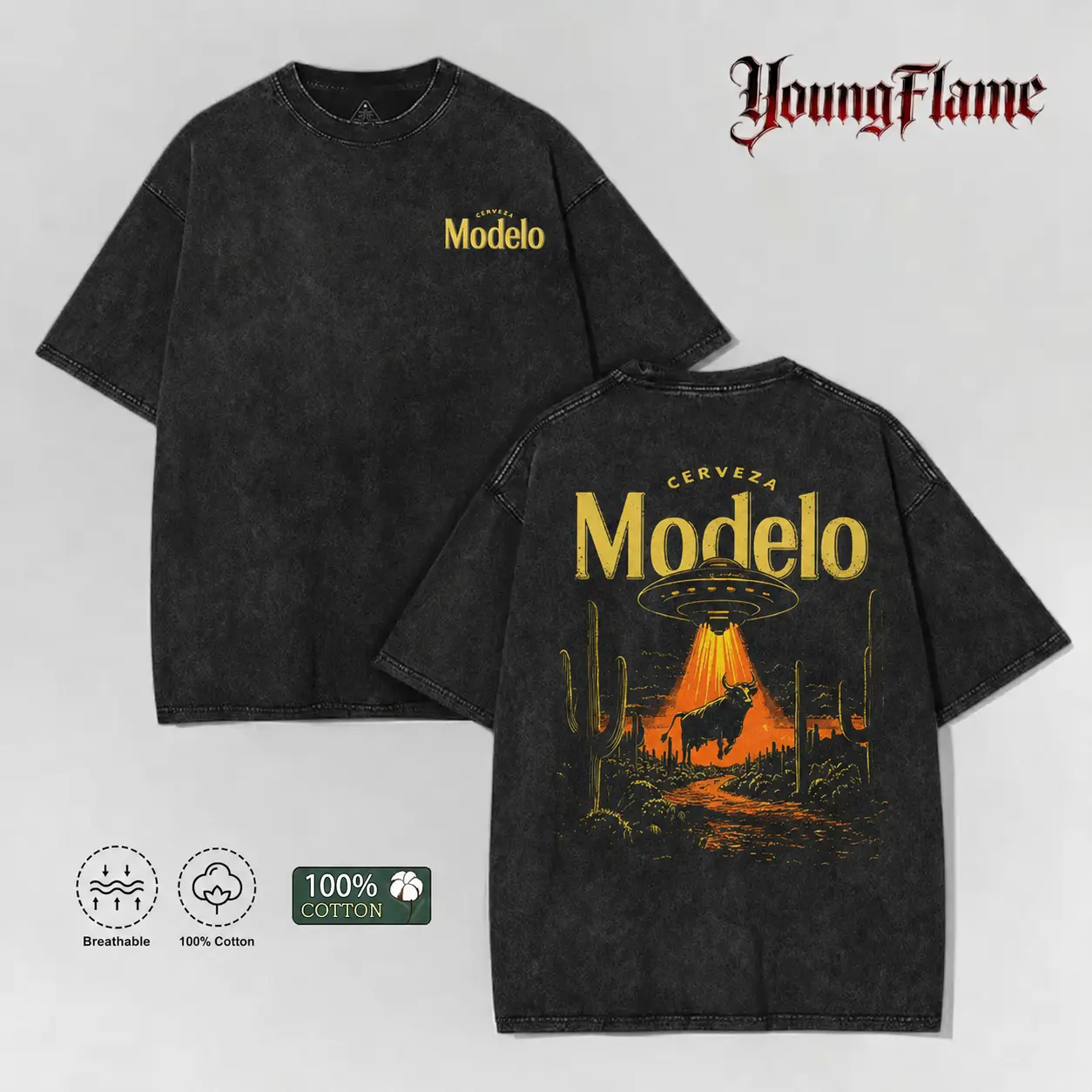 100% Cotton Vintage Acid Wash UFO Desert Art streetwear Cosmic Summer and Autumn T-shirts Oversized graphic tees for men