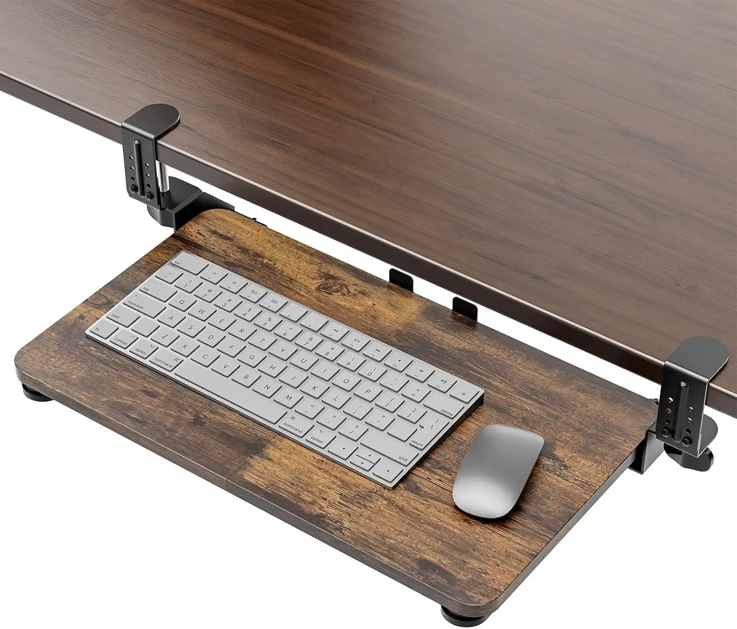 Under Desk Pull Out Keyboard & Mouse Tray with Adjustable C-clamp, 20(25.9 Including Clamps) x 11.8 Inch Slide Out Computer Drawer for Typing, Brown
