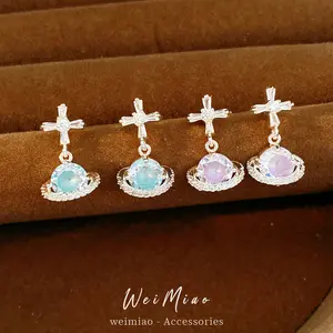 925 Silver Needle Cross Saturn Earrings | Minimalist Cool Style Zircon Planet Earrings Luxury Jewelry