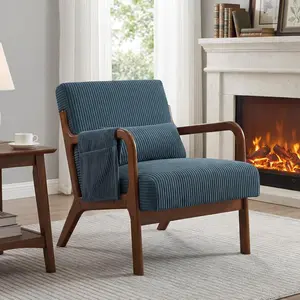 Mid Century Modern Accent Chair with Solid Wood Frame, Upholstered Armchair with Lumbar Pillow, Compact Reading Chair for Living Room Bedroom, 350 LBS Capacity, Beige/Navy/Orange，1Pack