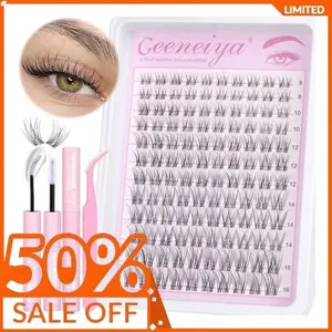 Geeneiya Clear Band Lash Clusters Kit with White Glue Natural Eyelash Clusters Kit 8-16MM Wispy Lash Extension Kit D Curl Individual Eyelash Extensions with Invisible Lash Bond and Seal for Beginners