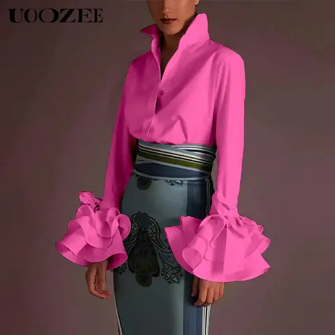 UOOZEE Women's Basic Solid Color Elegant Long-Sleeve Blouse - Lapel Collar, Flared Sleeves, Bow-Tie Ruffle Cuffs, Fitted, Minimalist Lady's Business Casual Dressy Top, Office Siren Capsule Wardrobe Essential