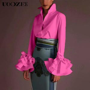 UOOZEE Lady's Fitted Minimalist Long-Sleeve Polyester Blouse - Bow-Embellished Ruffled Solid-Color Lapel Flared Basic Top, Stylish Casual Elegant Outfit (Pair with Skirts)