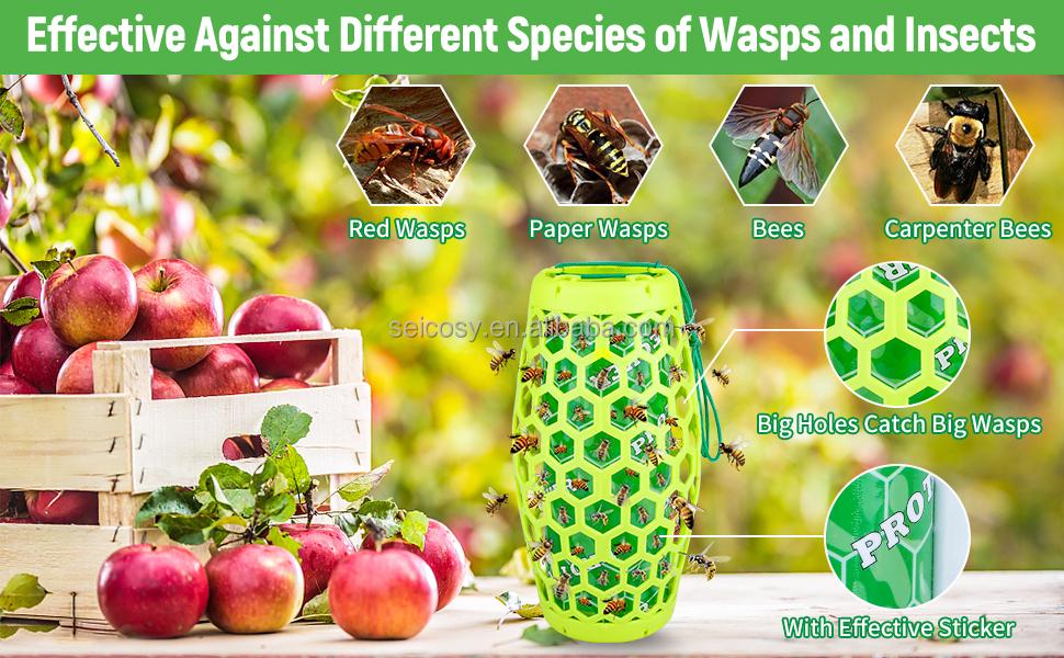 Green Wasp Trap Bee Catcher - Outdoor Hanging Carpenter Bee Traps with Sticky Boards, Non-Toxic Reusable Hornet & Yellow Jacket Trap, 1 Pack (Lime Green)