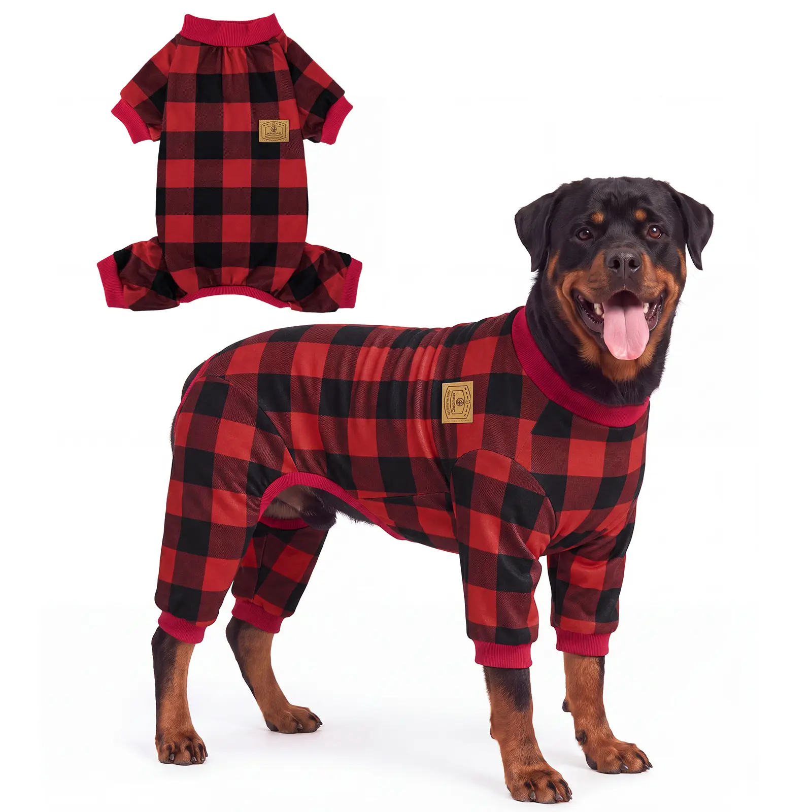 XPUDAC Red Holiday Plaid Dralon Dog Jumpsuit Shirt - Soft Breathable All-Season 1-Piece Pet Clothing with Pull-On Ease, Universal Fit for Thanksgiving Holiday Plaid Fun & Cozy Sleep, Pet Lovers' Pick