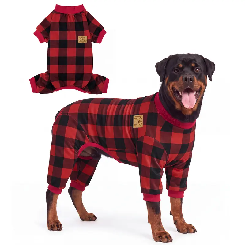 XPUDAC Red Holiday Plaid Dralon Dog Jumpsuit Shirt - Soft Breathable All-Season 1-Piece Pet Clothing with Pull-On Ease, Universal Fit for Thanksgiving Holiday Plaid Fun & Cozy Sleep, Pet Lovers' Pick