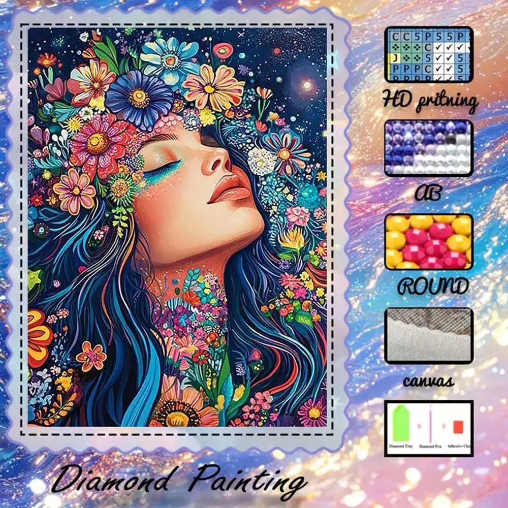 DIY 5D flocked diamond painting kit, AB diamonds, fairy dust diamonds, crystal diamonds, flowers, azure, nature, diamond embroidery, special craft diamond art set, wall decor, Handmade Gifts, gift for family, loved ones, friends.