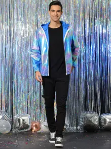 INSPIRE CHIC Men's Metallic Jacket Lightweight Zip Up Holographic Shiny Hooded Jackets