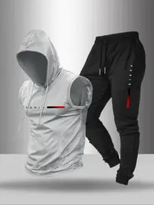 Men's Casual 2-Piece Hooded Sleeveless Vest and Drawstring Waist Sports Pants, Unique Letter Print for Outdoor Activities and Everyday Wear, Fall outfit