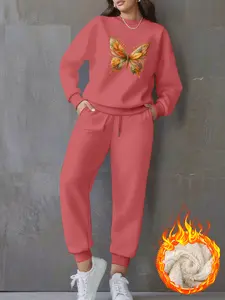 Women's Casual Sweatshirt Set, Butterfly & Floral Print, Round Neck Pullover, Thick Fabric, Fitted Long Pants, Fall Winter Wear