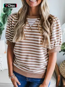 Summer Casual Colorblock Striped Bubble Short Sleeve T-Shirt, Daily Wear, Comfortable and Stylish, Perfect for Summer