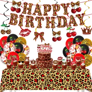 Cheetah Print Birthday Party Decorations Kit, Leopard Balloon Garland with Backdrop, Tablecloth and Foil Balloons in Cherry and Lip Design for Girls and Women