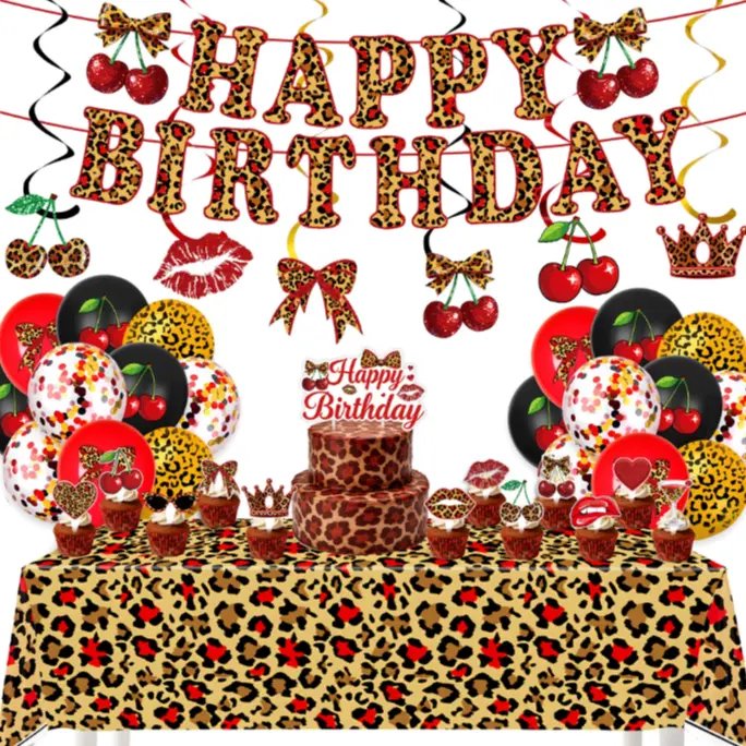 Cheetah Print Birthday Party Decorations Kit, Leopard Balloon Garland with Backdrop, Tablecloth and Foil Balloons in Cherry and Lip Design for Girls and Women