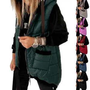Women’s quilted down vest with hood, lightweight, free-size, with cuffs, zip closure, pockets, and vest/coat design