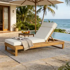 Outdoor Patio Chaise Lounger Teak Finish Acacia Wood Chaise Lounge with 4-Inch Cream 4-Fold Cushion Set, Adjustable Outdoor Patio Lounger with Flat Side Surface, for Poolside- Matching beige,dark gray version available