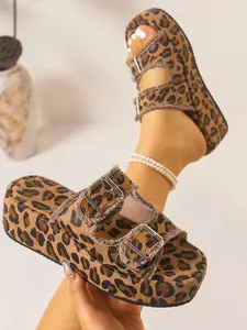 American Retro Classic Leopard Print Thick Sole Women Sandals, Fashionable Sandals, Adjustable Buckles, Non-Slip Bottom, Perfect for Outdoor Camping, Campus Commute, Instagrammable