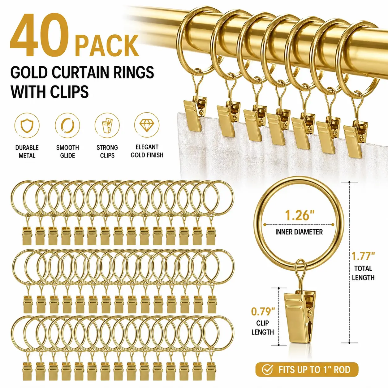40-Pack Versatile Vintage Clip-On Gold-Plated Wrought Iron Curtain Rings, 1.26" Inner Diameter, Smooth Slide, Fits 1" Rod, Elegant Finish for Bedroom & Living Room Window Treatments