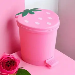 Car Strawberry Plastic Trash Can, Desk Mini Trash Bin, Cartoon Step-On Trash Can, Kids Toy Storage Bucket, Cute Strawberry Bedroom Trash Can