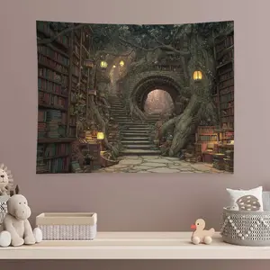 Forest Library Treehouse Tapestry | Cozy Fantasy Book Aesthetic Wall Art for Bedroom & Dorm
