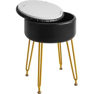 Faux Leather Round Footrest Stool with Storage Ottoman, Makeup Vanity Chair Side Table, PU Dressing Table Seat, Removable Cover, Golden Steel , Black WBD024B