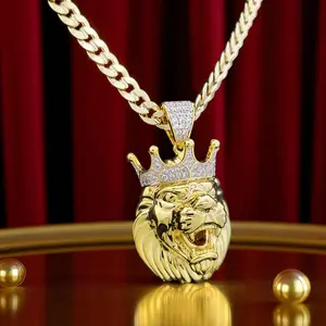 MaxBling81 Crowned Lion King Pendant & Cuban Chain Necklace, Diamond Tester Passed CZ Stone, Premium Quality AAA+ High-End Brass, 14K Stamped 6mm 20"-24" Length, Hip Hop Celebrity Style Daily Wear Fashion Costume Jewelry