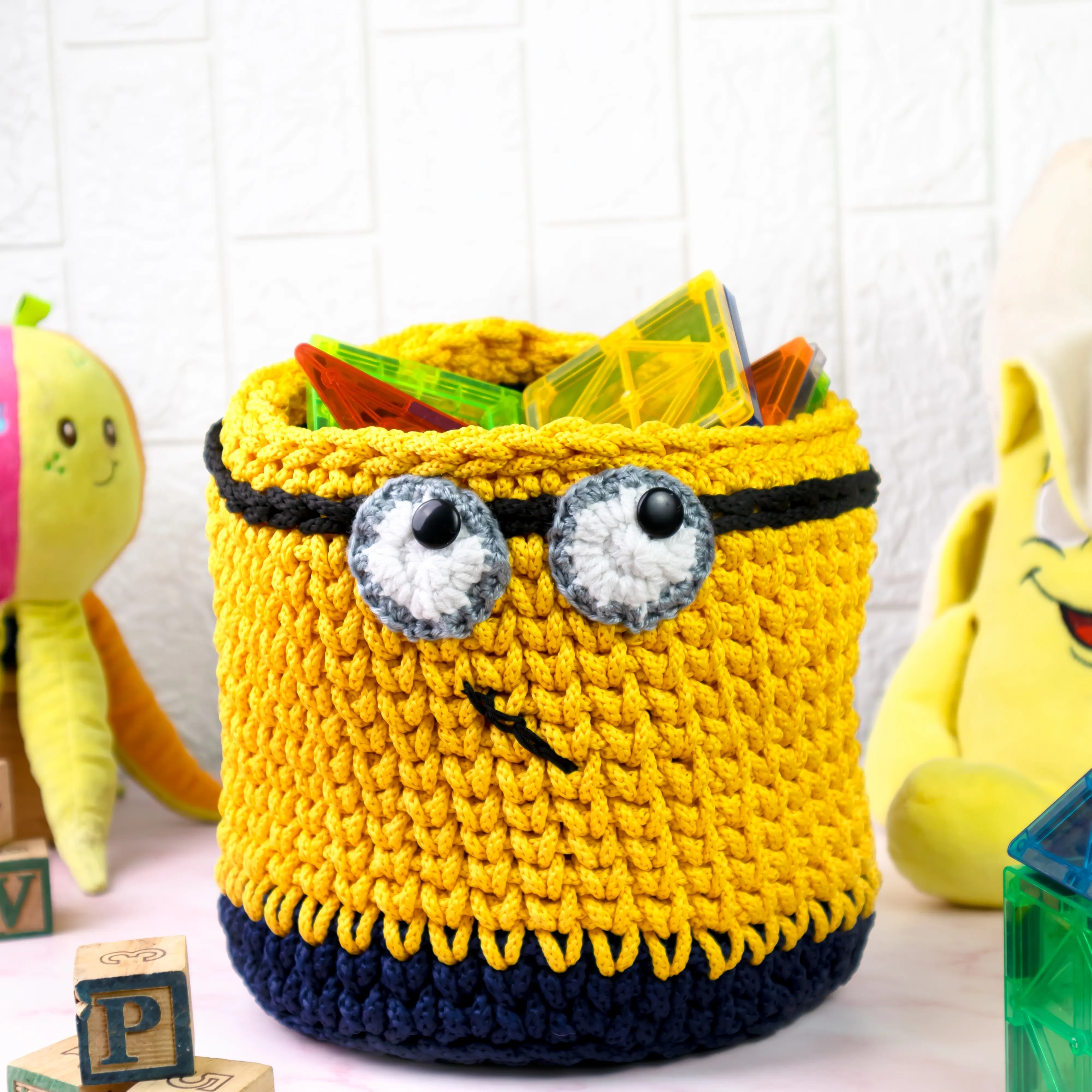 Hand-Knit Minion Baskets for Small Toys, Clothes, and Toiletries - D7 x H7