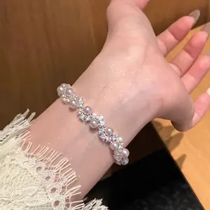 Elegant Pearl & CZ Tennis Bracelet, Dainty Pink Pearl with Clear Crystal Accents, Adjustable Silver Plated Bracelet