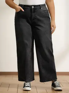 BLOOMCHIC Women's Plus Size Vintage Wash Stretchy Straight-Leg Denim Pants - Tummy Control, Lightweight Spandex Fabric, Minimalist Casual Style, Slanted Pockets, Patchwork Bottom, Flattering Fit, Summer 2026 Streetwear Basic [M-6X] 2026 Summer Vibes