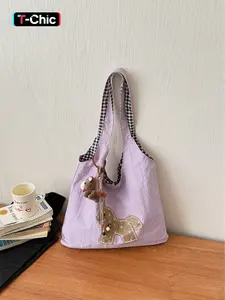 Large capacity plaid border cute little horse tote bag, sweet girl style daily casual shoulder bag, shopping bag, Checkered Tote Bag