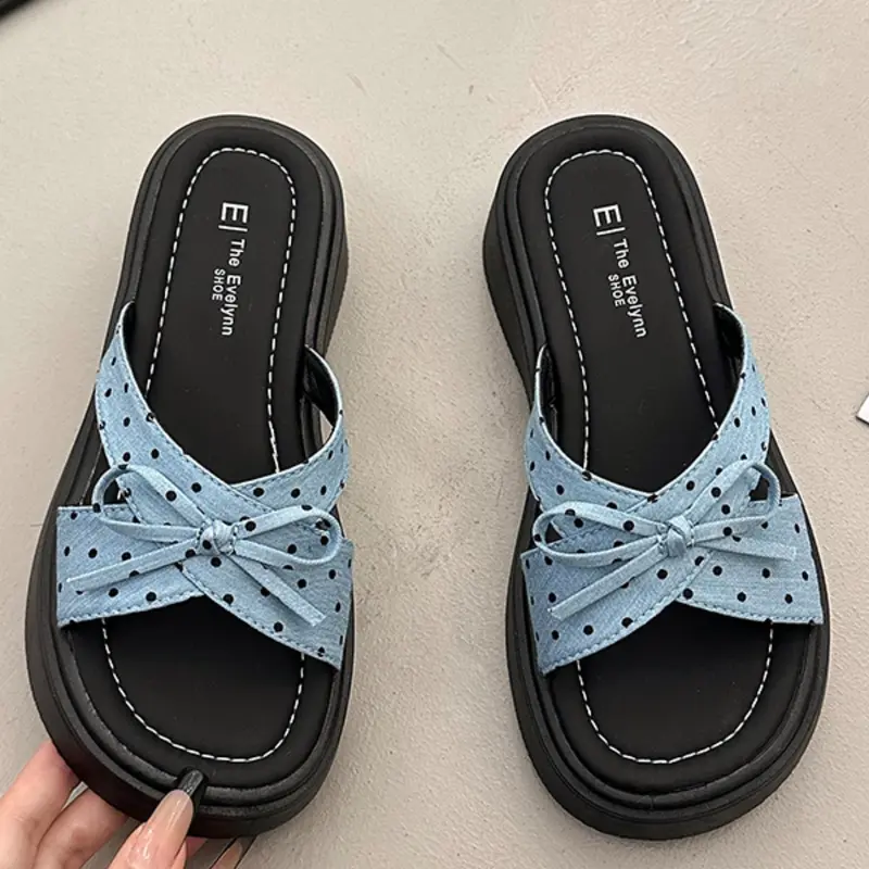 Women's Polka Dot Cross Strap Single Bow Curved Platform Slide Sandals, Cozy Platform Sandals, Open Toe Slip On Backless Non Slip Cloud Cushioned Arch Support Comfort Coquette Y2K Summer Beach Daily Footwear Light Blue White Black