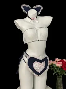 Women's Sexy Underwear Set, Bra, Panties, Apron, Hairband, Sleeve Covers, Neck Ring, Role Play Maid Costume, No Need to Remove Clothing