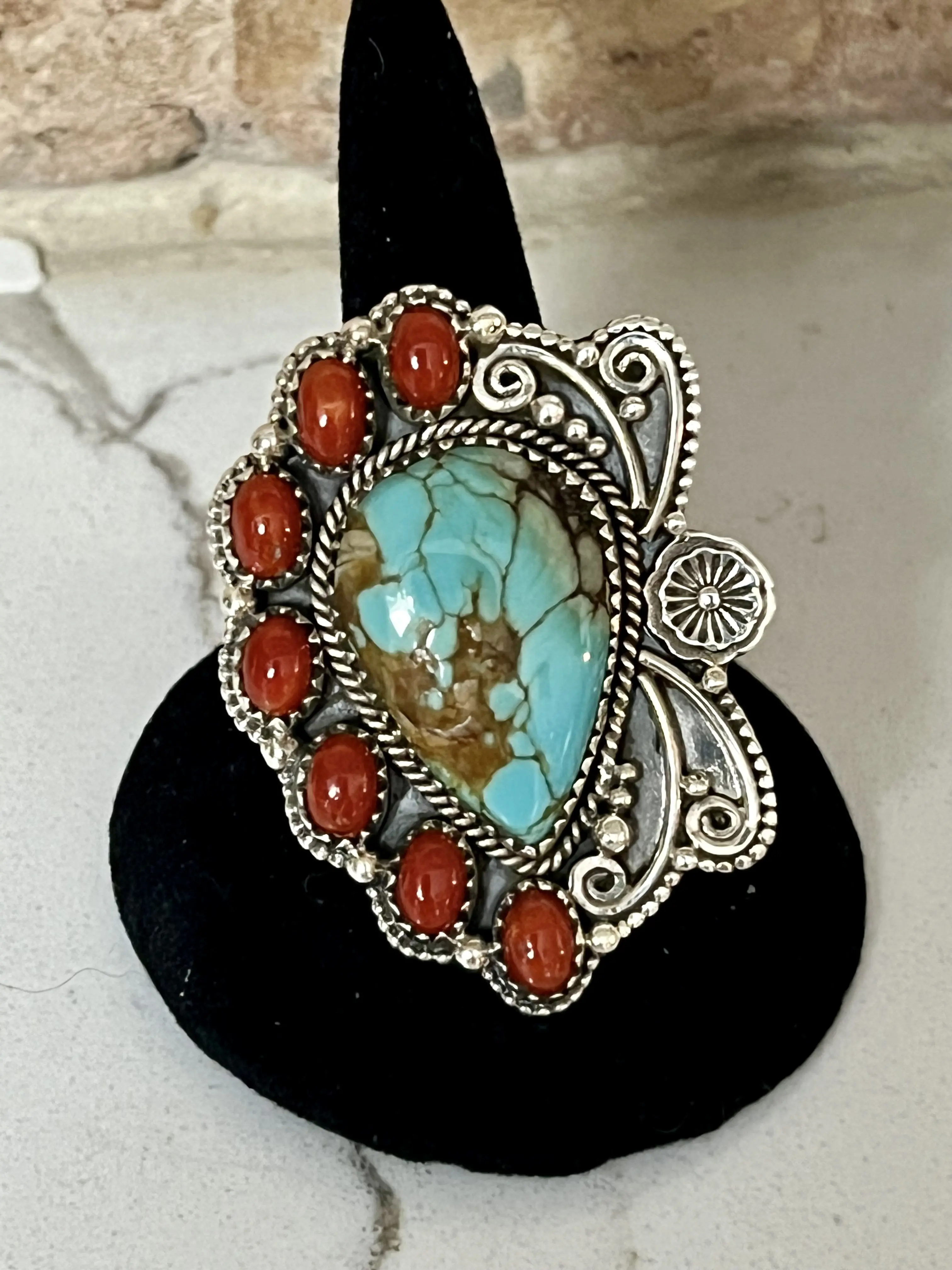 Sterling Silver Kigman and Coral Ring