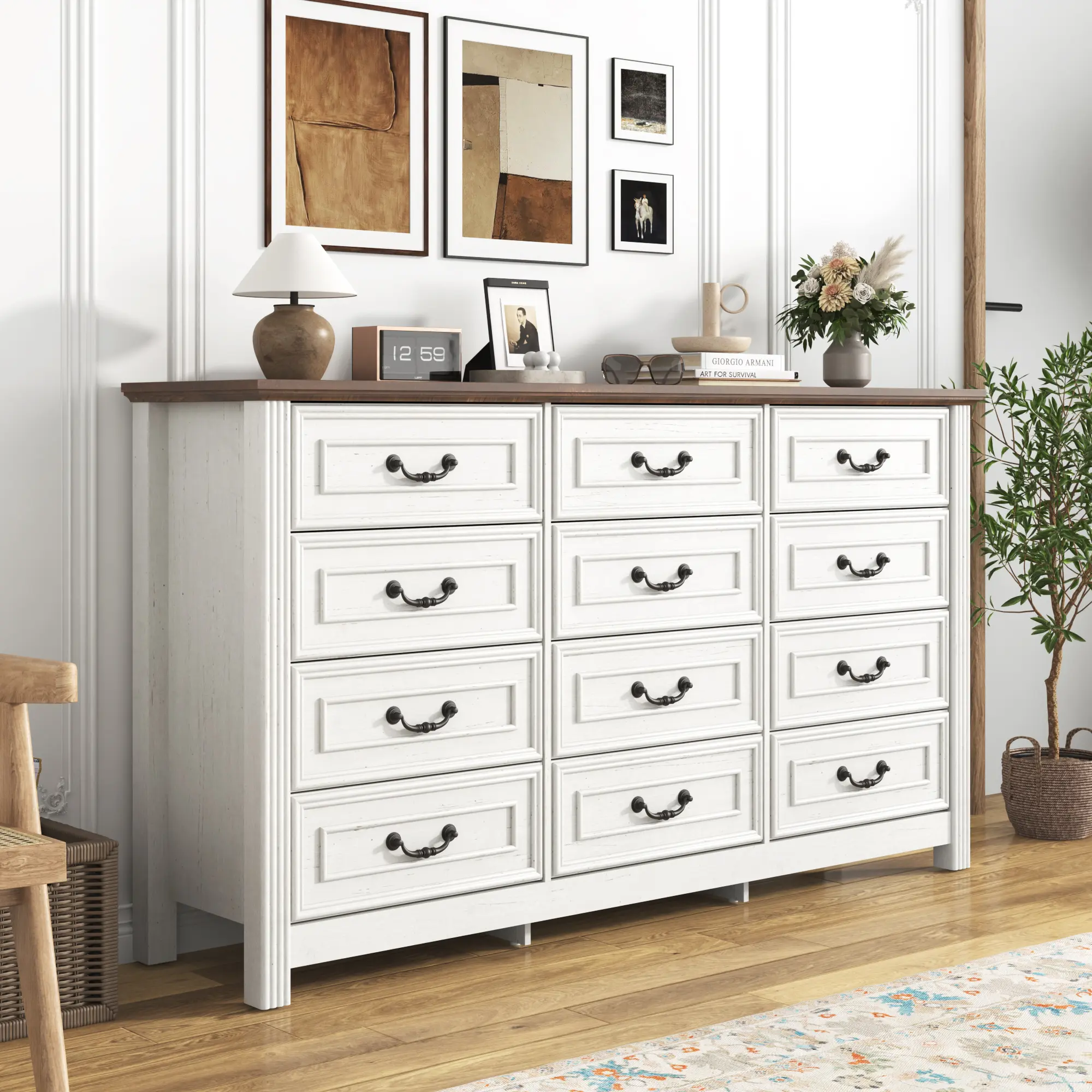 Farmhouse 12-Drawer Dresser for Bedroom, 63" Wide Rustic Wood Chest with  Vintage Handles, Large Storage Organizer for Closet, Living Room, or  Hallway - TikTok Shop
